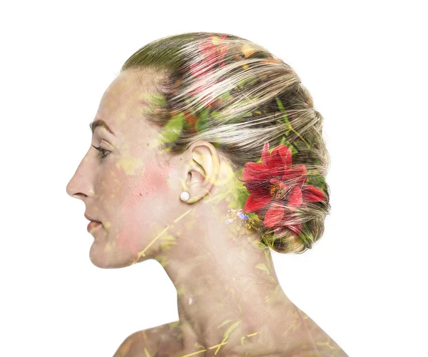 Double exposure of pretty girl and flowers — Stock Photo, Image