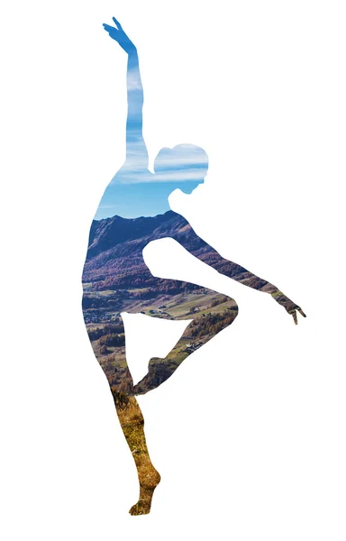 Double exposure of classical dancer and autumnal mountainscape — Stock Photo, Image