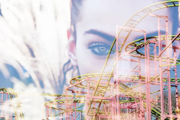 Double exposure of roller-coaster and beautiful girl — Stock Photo, Image