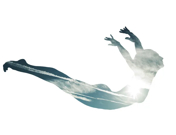 Double exposure of classical dancer diving and cloudscape — Stock Photo, Image