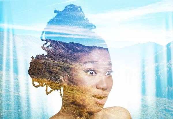 Double exposure of surprised girl and autumnal mountainscape — Stock Photo, Image