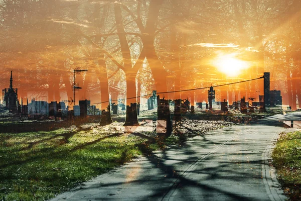 Double exposure of wood and cityscape sunset — Stock Photo, Image