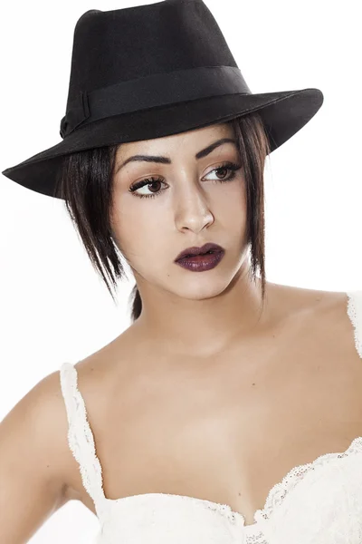 Beautiful woman wearing black hat and white bra — Stock Photo, Image