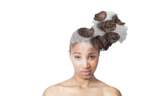 Double exposure of pretty girl and coffee beans — Stock Photo, Image