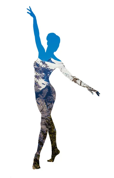 Dupla exposição de dançarino clássico e montanhas — Fotografia de Stock