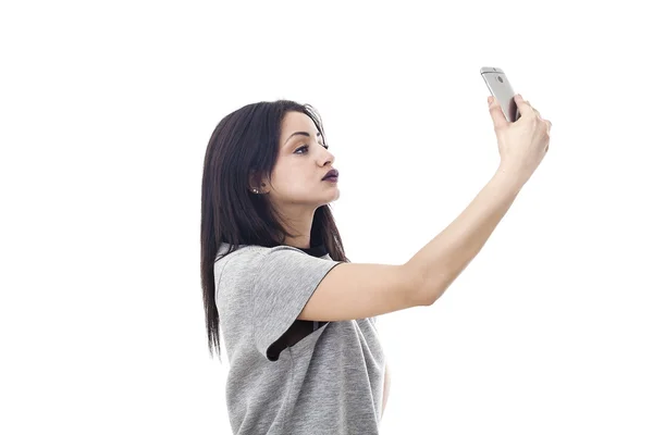 Beautiful woman profile portrait taking a selfie — Stock Photo, Image