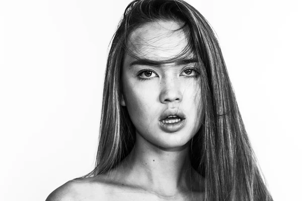 Gorgeous girl portrait with messy hair black and white — Stock Photo, Image