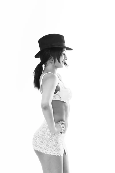 Profiel vrouw portret lingerie dragen en lachen zwart en w — Stockfoto
