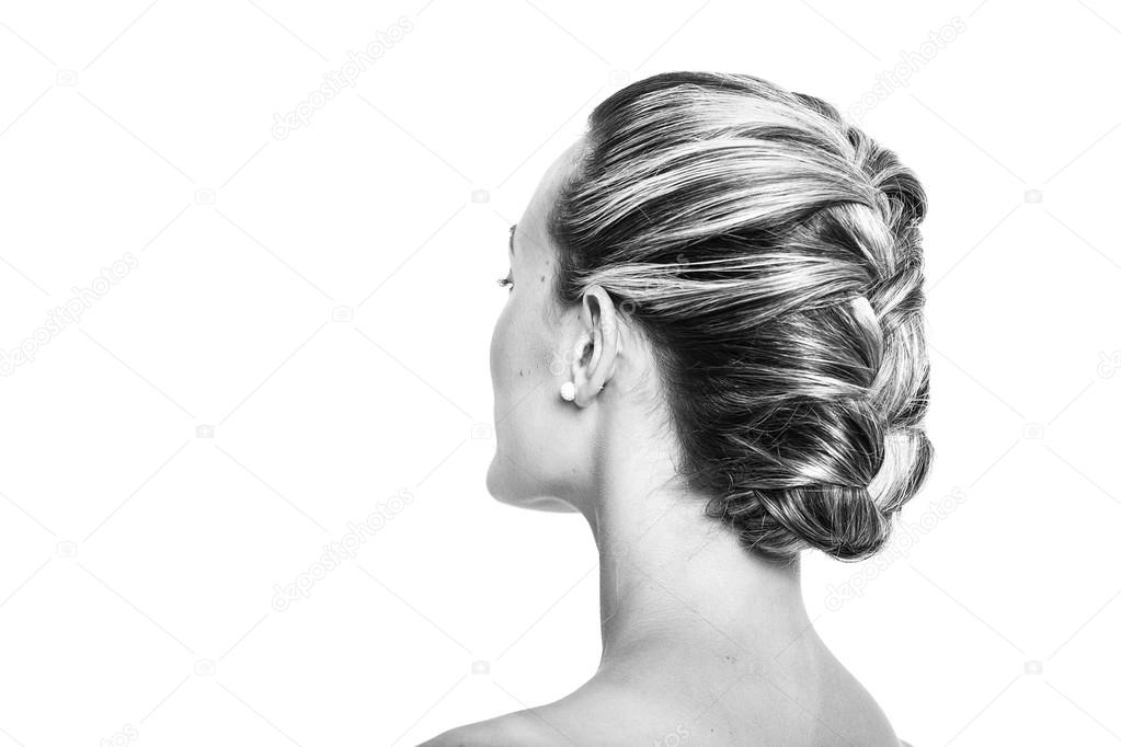 Pretty Girl With Braided Hairstyle Black And White Stock Photo