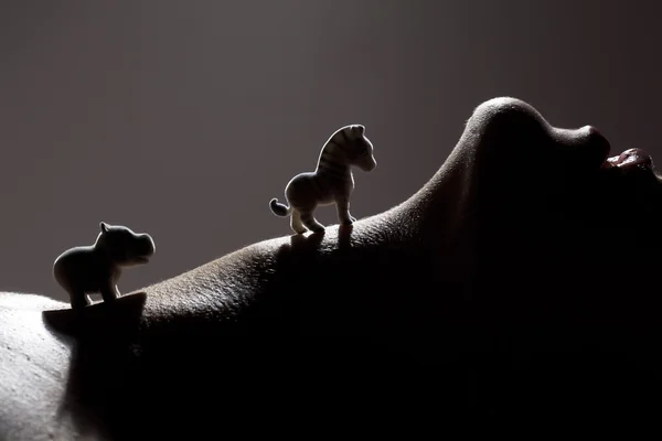 Little hippo and zebra walking on woman neck — Stock Photo, Image