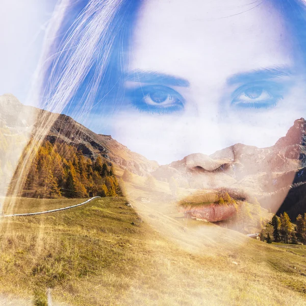 Double exposure of gorgeous girl portrait and autumnal landscape — Stock Photo, Image