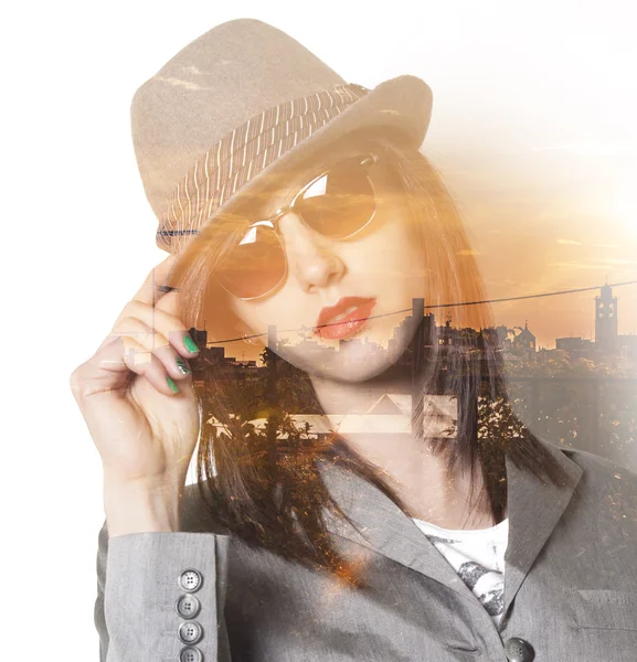 Double exposure of business girl and cityscape sunset Stock Photo