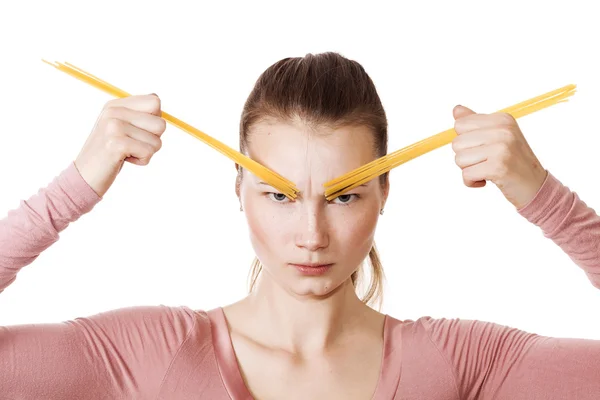 Grappige en ernstige meisje portret met spaghetti wenkbrauwen — Stockfoto