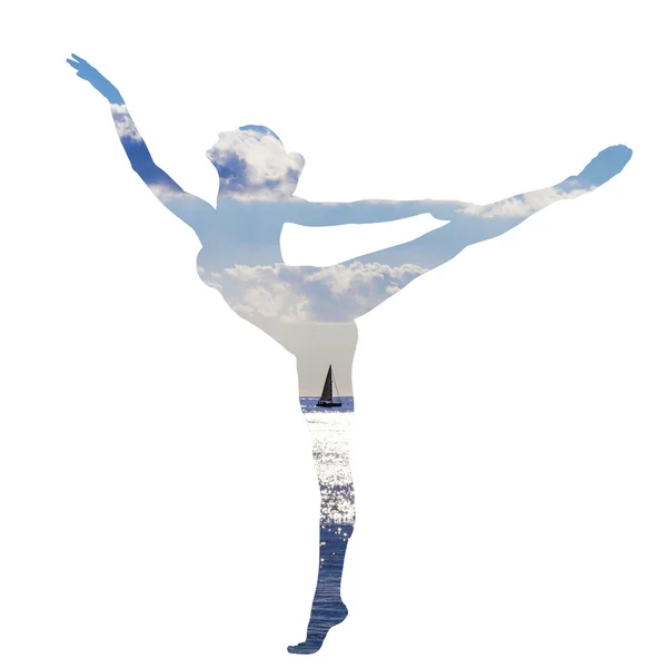 Double exposure of classical dancer and sea summer landscape — Stock Photo, Image