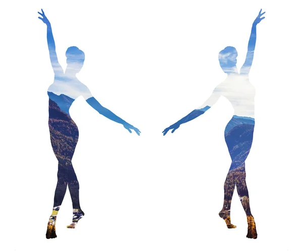 Dubbele blootstelling van klassieke dansers en herfst berg landt — Stockfoto