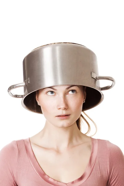 Funny girl portrait wearing pot as hat and looking upwards — Stock Photo, Image