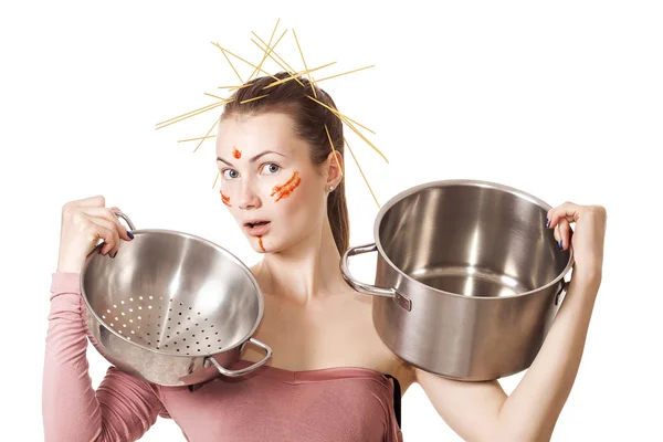 Girl portrait in the kitchen holding colander and pot — Stock Photo, Image