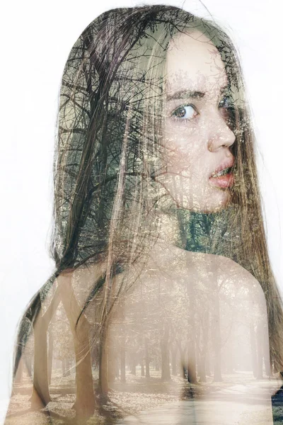 Double exposure of beautiful girl and winter trees — Stock Photo, Image