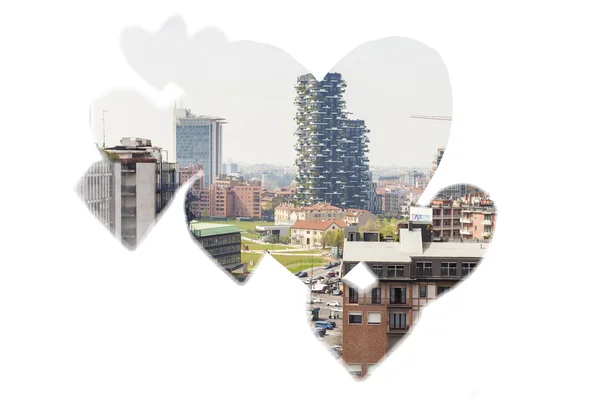 Doble exposición de corazones de papel y paisaje urbano — Foto de Stock