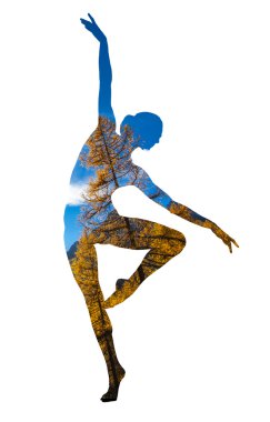 Klasik dansçı ve sonbahar ağaçlar çift pozlama