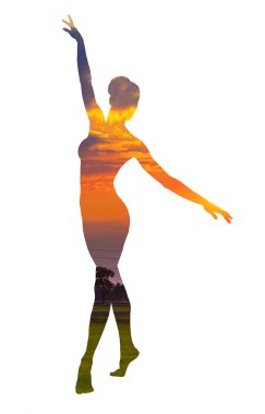 Klasik dansçı ve ülke günbatımı çift pozlama