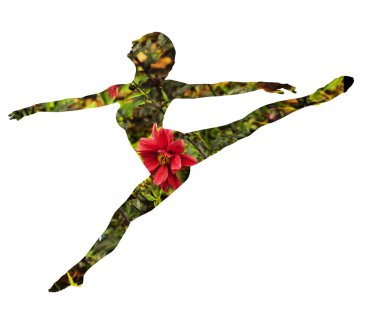Klasik dansçı ve kırmızı çiçek çift pozlama