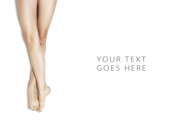 Stretched girl legs position on white background card