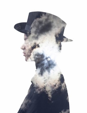 Double exposure of girl wearing hat and full moon sky