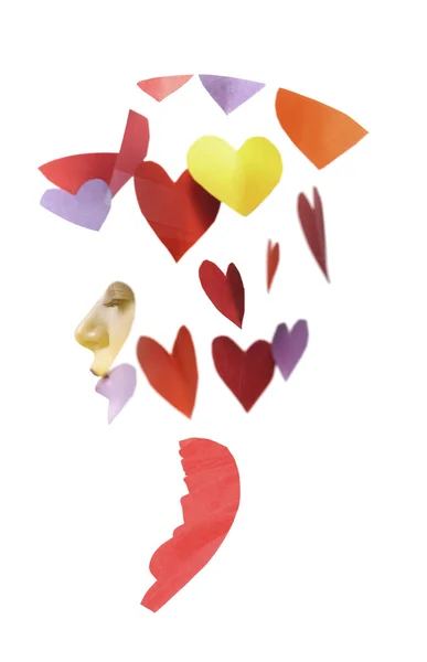 Double exposure of girl wearing hat and colorful paper hearts — Stok fotoğraf