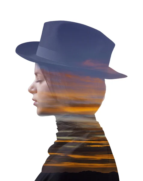 Double exposure of girl wearing hat and colorful sunset — 图库照片