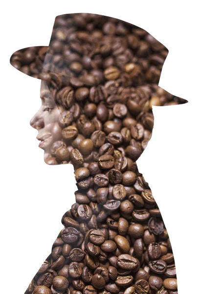 Double exposure of girl wearing hat and coffee bean texture — Stock Photo, Image