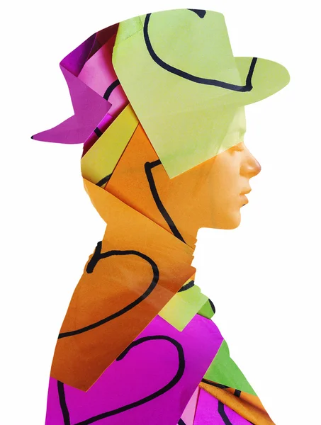 Double exposure of girl wearing hat and hearts on post-its — Stock Photo, Image