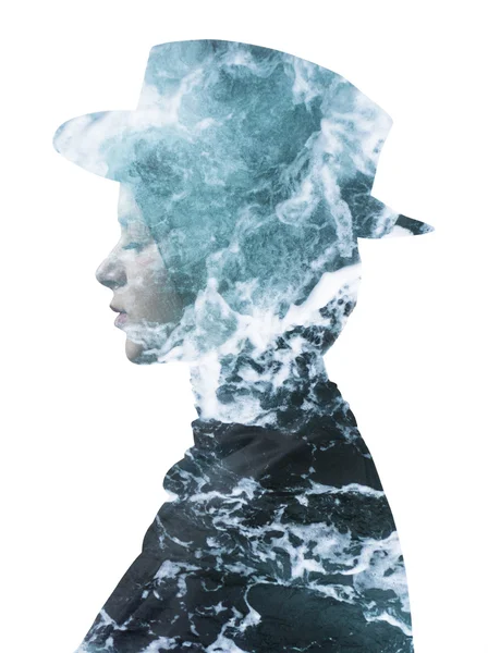 Double exposure of girl wearing hat and sea foam texture — Stockfoto