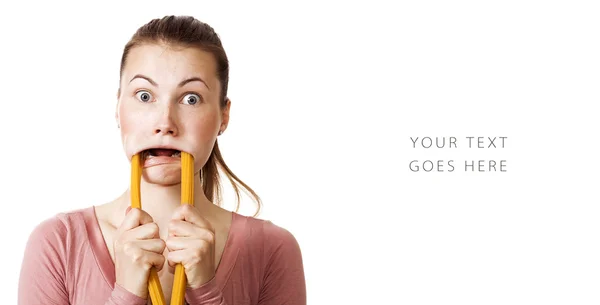 Crazy girl with bunches of spaghetti in her mouth card — Stock Photo, Image