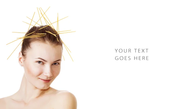 Pretty girl portrait with spaghetti in the hair card — Stock Photo, Image