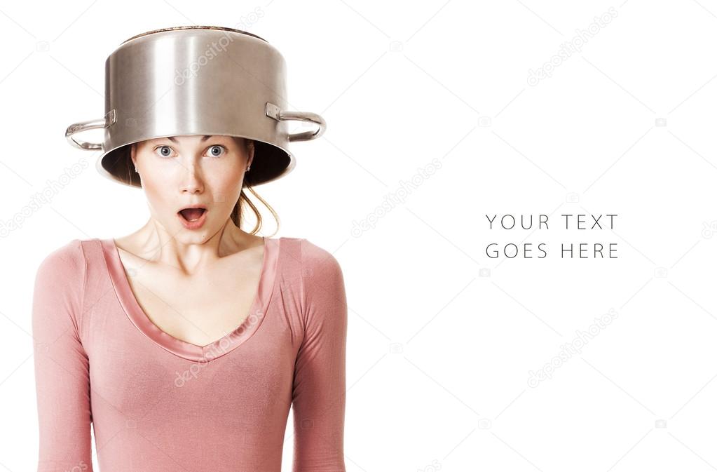 Beautiful and surprised girl wearing soup pot as hat card