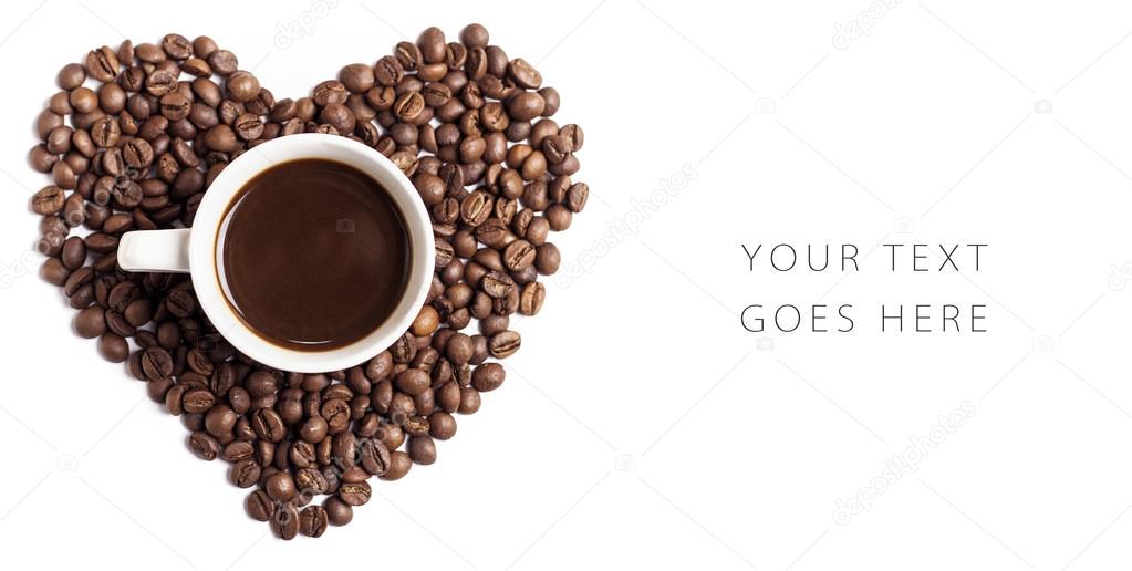 Coffee cup and heart-shaped coffee beans card