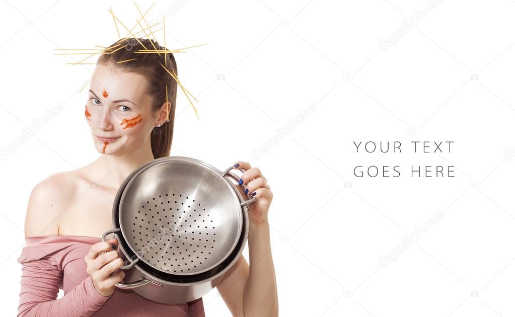 Funny and beautiful girl cooking pasta with tomato sauce card