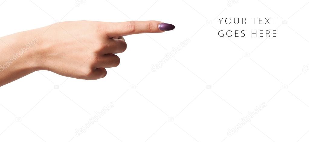 Woman finger wearing purple varnish and pointing out card