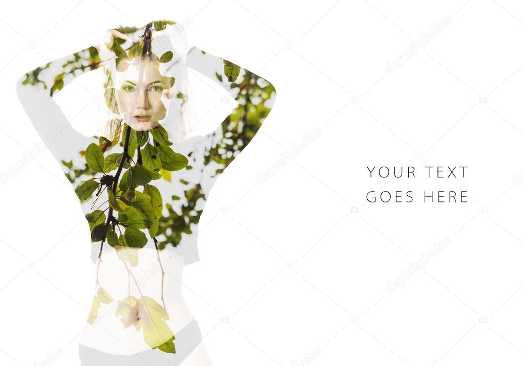 Double exposure of beautiful woman and green leaves card