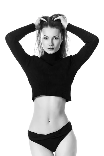 Beautiful woman portrait wearing sweater and panties black and w — Stock Photo, Image