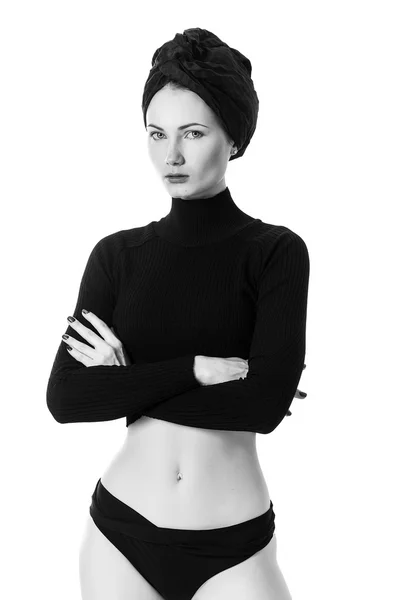 Woman with crossed arms looking black and white — Stock Photo, Image