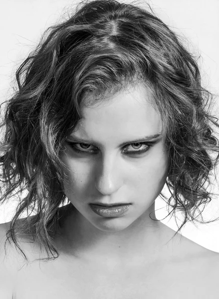 Beautiful and disappointed girl closeup portrait black and white — Stock Photo, Image