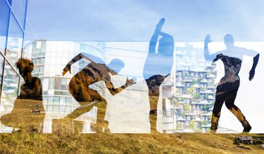 Dansçılar siluetleri ve sonbahar manzara çift pozlama