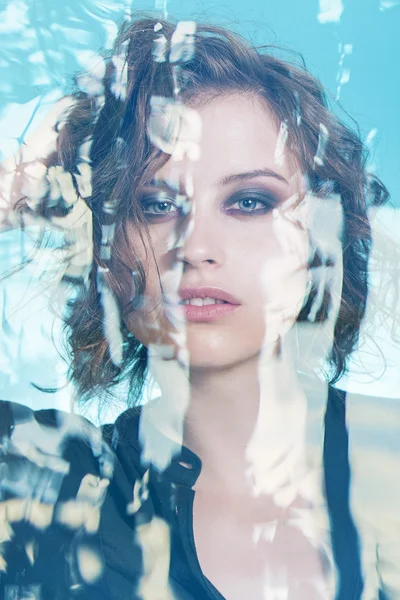 Double exposure of beautiful girl and abstract water — Stock Photo, Image