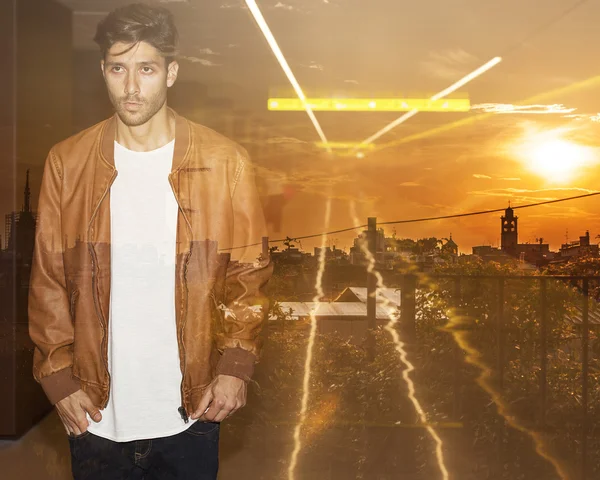 Double exposure of handsome man and city sunset — Stock Photo, Image