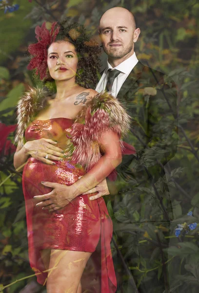 Double exposure of pregnant couple and nature background — Stock Photo, Image