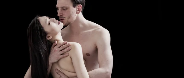 Bare-chested man holding and hugging his girlfriend letterbox — Stock Photo, Image