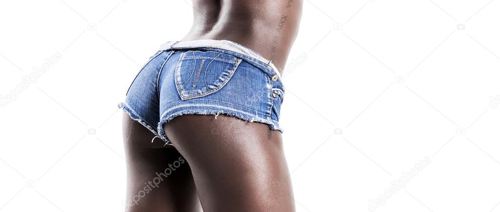 Beautiful african model buttocks wearing jeans shorts letterbox
