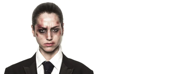 Beaten up girl wearing coat and tie letterbox — Stock Photo, Image